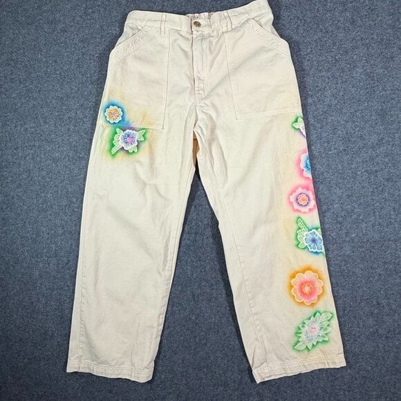 Big Bud Press Womens Cream Floral Embroidered Work Pants Sz XL Boho Coastal Lux